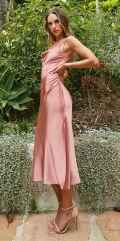 Cinderella Divine BD103 Satin Midi Length Dress High Side Split Cowl Neck(Slim Fit Emerald Green Satin Midi Length Dress High Side Split Cowl Neckline) -Discount Dress Shops BD103 cinderella divine desert rose side