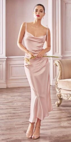 Cinderella Divine BD103 Satin Midi Length Dress High Side Split Cowl Neck(Slim Fit Emerald Green Satin Midi Length Dress High Side Split Cowl Neckline) -Discount Dress Shops BD103 cinderella divine dusty rose