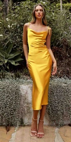 Cinderella Divine BD103 Satin Midi Length Dress High Side Split Cowl Neck(Slim Fit Emerald Green Satin Midi Length Dress High Side Split Cowl Neckline) -Discount Dress Shops BD103 cinderella divine yellow gallery