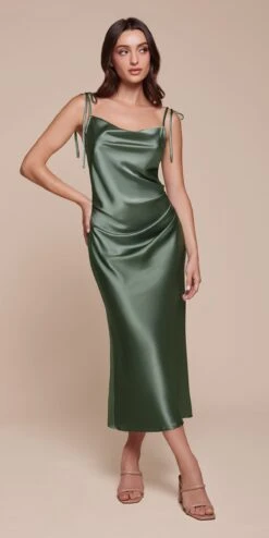Cinderella Divine BD103 Satin Midi Length Dress High Side Split Cowl Neck(Slim Fit Emerald Green Satin Midi Length Dress High Side Split Cowl Neckline)
