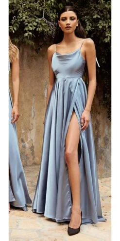 Cinderella Divine BD104 Satin A-Line Dress Cowl Neckline Tie Straps(Cinderella Divine Bd104 Satin A Line Dress Cowl Neckline Tie Straps Leg Slit) -Discount Dress Shops BD104 cinderella divine paris blue gallery 1