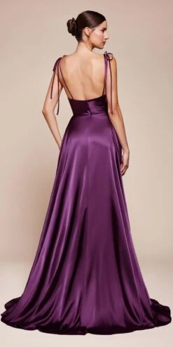 Cinderella Divine BD104 Long Satin A-Line Dress Cowl Neckline Tie Straps(Ladivine Bd104 Long Satin A Line Dress Cowl Neckline Tie Straps 1) -Discount Dress Shops BD104 EGGPLANT 3
