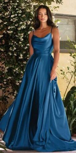 Cinderella Divine BD104 Satin A-Line Dress Cowl Neckline Tie Straps(Cinderella Divine Bd104 Satin A Line Dress Cowl Neckline Tie Straps Leg Slit) -Discount Dress Shops BD104 french navy 1