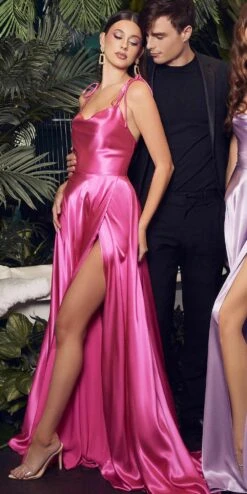 Cinderella Divine BD104 Satin A-Line Dress Cowl Neckline Tie Straps(Cinderella Divine Bd104 Satin A Line Dress Cowl Neckline Tie Straps Leg Slit) -Discount Dress Shops BD104 hot pink 1