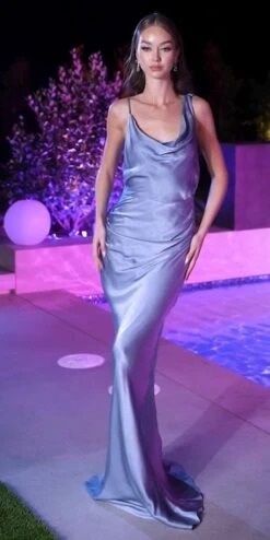 Ladivine BD7045 Long Satin Draped Back Dress Cowl Neckline(Ladivine Bd7045 Long Satin Draped Back Dress Cowl Neckline) -Discount Dress Shops BD7045 parisblue