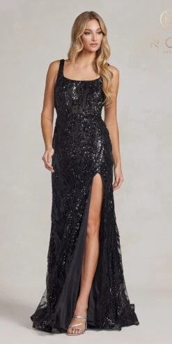 Nox Anabel C1103 Long Fitted Formal Gown With Slit(Nox Anabel C1103 Long Fitted Formal Gown With Slit) -Discount Dress Shops C1103 BLACK 1