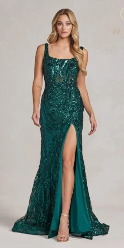 Nox Anabel C1103 Long Fitted Formal Gown With Slit(Nox Anabel C1103 Long Fitted Formal Gown With Slit) -Discount Dress Shops C1103 EMERALD 2