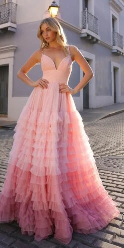 Nox Anabel C1420 Long Ombre Tiered Ruffled Skirt A-Line Slit Gown(Nox Anabel C1420 Long Ombre Tiered Ruffled Skirt A Line Slit Gown) -Discount Dress Shops C1420BLUSH 1