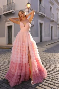 Nox Anabel C1420 Long Ombre Tiered Ruffled Skirt A-Line Slit Gown(Nox Anabel C1420 Long Ombre Tiered Ruffled Skirt A Line Slit Gown) -Discount Dress Shops C1420BLUSH 3