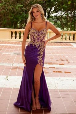 Nox Anabel C1613 Golden Flower Applique Strapless Sweetheart Dress(Nox Anabel C1613 Golden Flower Applique Strapless Sweetheart Dress) -Discount Dress Shops C1613PLUM GOLD 2