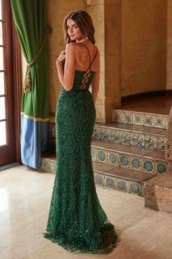 Nox Anabel C1616 Beaded Tulle Lace-Up Dress With Slit(Nox Anabel C1616 Beaded Tulle Lace Up Dress With Slit) -Discount Dress Shops C1616EMERALD 6