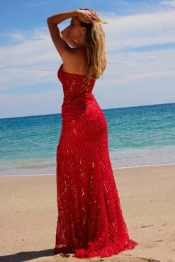 Nox Anabel C1616 Beaded Tulle Lace-Up Dress With Slit(Nox Anabel C1616 Beaded Tulle Lace Up Dress With Slit) -Discount Dress Shops C1616RED 11