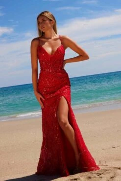 Nox Anabel C1616 Beaded Tulle Lace-Up Dress With Slit(Nox Anabel C1616 Beaded Tulle Lace Up Dress With Slit) -Discount Dress Shops C1616RED 6