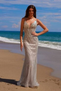 Nox Anabel C1632 Applique Tulle Gown Lace-Up Back Dress(Nox Anabel C1632 Applique Tulle Gown Lace Up Back Dress) -Discount Dress Shops C1632SILVER NUDE 1