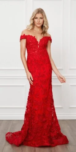 Nox Anabel C439 Off The Shoulder Boho Inspired Lace Mermaid Gown(Off The Shoulder Boho Inspired Red Lace Mermaid Gown)