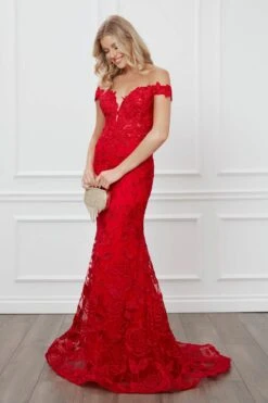Nox Anabel C439 Off The Shoulder Boho Inspired Lace Mermaid Gown(Off The Shoulder Boho Inspired Red Lace Mermaid Gown) -Discount Dress Shops C439 nox anabel red side