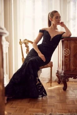 Nox Anabel C439 Off The Shoulder Boho Inspired Lace Mermaid Gown(Off The Shoulder Boho Inspired Red Lace Mermaid Gown) -Discount Dress Shops C439 BLACK 47