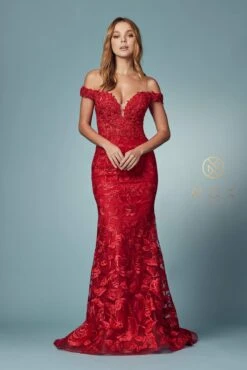 Nox Anabel C439 Off The Shoulder Boho Inspired Lace Mermaid Gown(Off The Shoulder Boho Inspired Red Lace Mermaid Gown) -Discount Dress Shops C439 RED 11