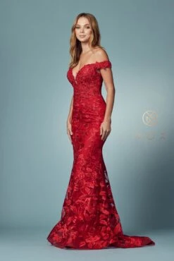 Nox Anabel C439 Off The Shoulder Boho Inspired Lace Mermaid Gown(Off The Shoulder Boho Inspired Red Lace Mermaid Gown) -Discount Dress Shops C439 RED 19