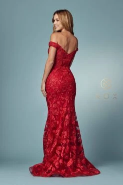 Nox Anabel C439 Off The Shoulder Boho Inspired Lace Mermaid Gown(Off The Shoulder Boho Inspired Red Lace Mermaid Gown) -Discount Dress Shops C439 RED 31