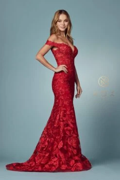 Nox Anabel C439 Off The Shoulder Boho Inspired Lace Mermaid Gown(Off The Shoulder Boho Inspired Red Lace Mermaid Gown) -Discount Dress Shops C439 RED 48