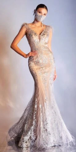 Cinderella Divine C57 Mermaid Gown Feathered V-Neckline Glitter Floral(Floor Length Gold Mermaid Gown Feathered V Neckline Glitter Floral) -Discount Dress Shops C57 SILVER NUDE