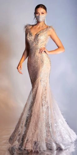 Cinderella Divine C57 Mermaid Gown Feathered V-Neckline Glitter Floral(Floor Length Gold Mermaid Gown Feathered V Neckline Glitter Floral) -Discount Dress Shops C57 SILVER NUDE 1