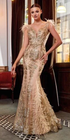 Cinderella Divine C57 Mermaid Gown Feathered V-Neckline Glitter Floral(Floor Length Gold Mermaid Gown Feathered V Neckline Glitter Floral) -Discount Dress Shops C57 gold