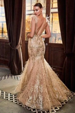 Cinderella Divine C57 Mermaid Gown Feathered V-Neckline Glitter Floral(Floor Length Gold Mermaid Gown Feathered V Neckline Glitter Floral) -Discount Dress Shops C57 gold 1