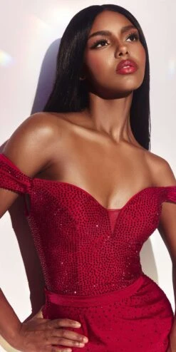 Ladivine CA106 Long Off The Shoulder Fitted Evening Gown(Ladivine Ca106 Long Off The Shoulder Fitted Evening Gown) -Discount Dress Shops CA106 deepred1