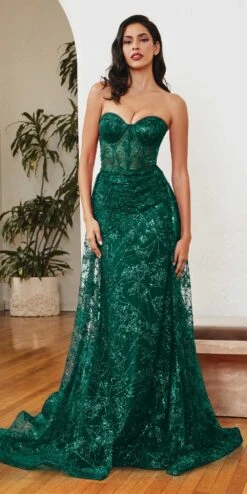 Ladivine CB046 Strapless Fitted Gown Floral Applique And Glitter Tulle Overskirt(Floor Length Strapless Fitted Gown Floral Applique And Glitter Tulle Overskirt) -Discount Dress Shops CB046 EMERALD