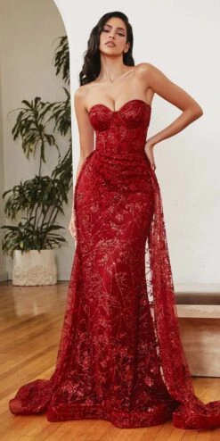 Ladivine CB046 Strapless Fitted Gown Floral Applique And Glitter Tulle Overskirt(Floor Length Strapless Fitted Gown Floral Applique And Glitter Tulle Overskirt) -Discount Dress Shops CB046 deepred df339b05 de61 48d6 961f ad6b5b95db1d