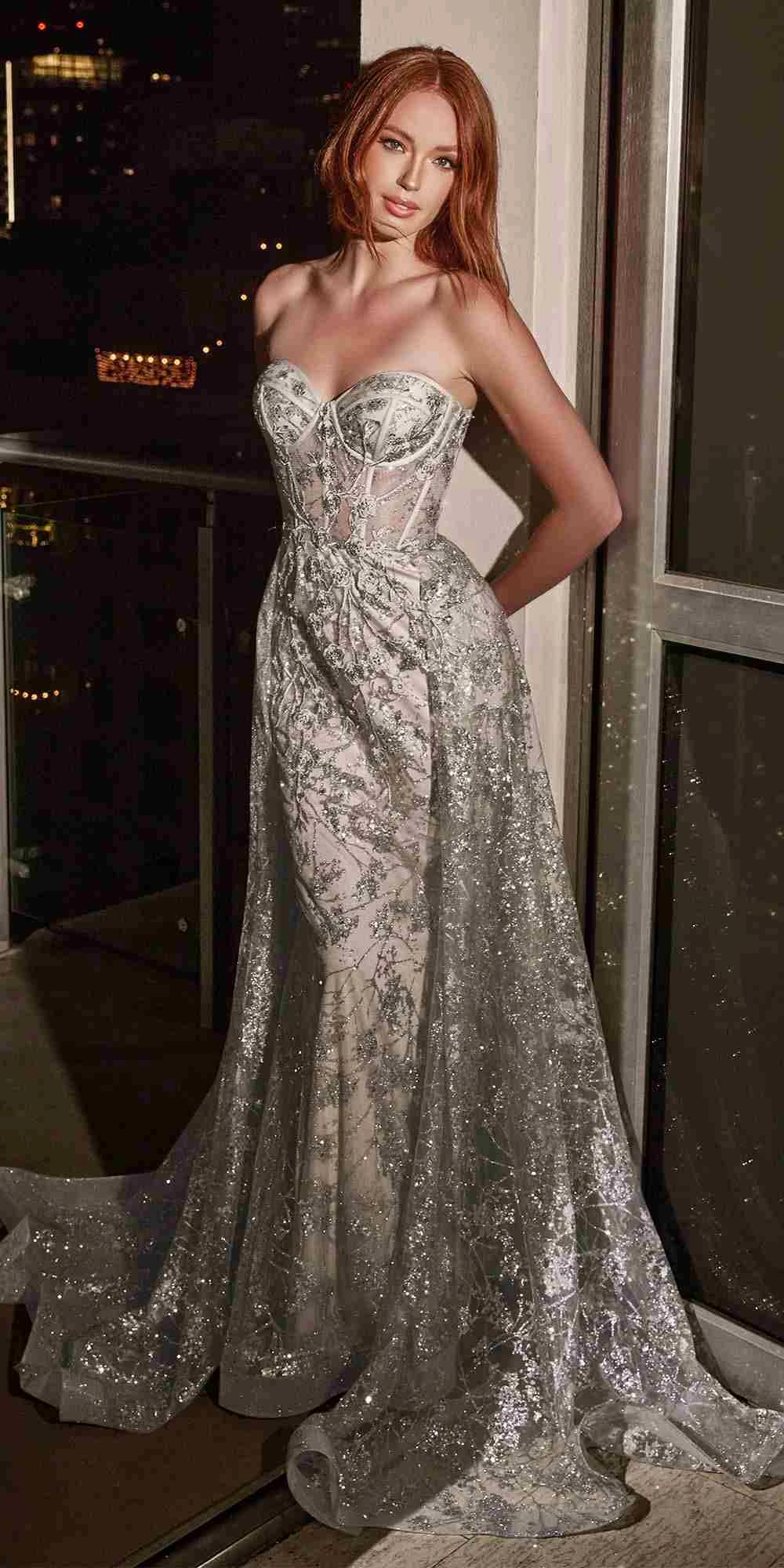 Cinderella Divine CB046W Strapless Gown Floral Applique Glitter Tulle Overskirt(Floor Length Strapless Fitted Gown Floral Applique And Glitter Tulle Overskirt Off White) 4 Cinderella Divine CB046W Strapless Gown Floral Applique Glitter Tulle Overskirt(Floor Length Strapless Fitted Gown Floral Applique And Glitter Tulle Overskirt Off White) - Image 4