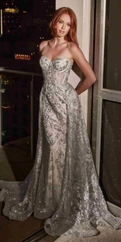 Ladivine CB046 Strapless Fitted Gown Floral Applique And Glitter Tulle Overskirt(Floor Length Strapless Fitted Gown Floral Applique And Glitter Tulle Overskirt) -Discount Dress Shops CB046 silver d9bb5a59 1be9 4da8 ba38 18deb5a13780