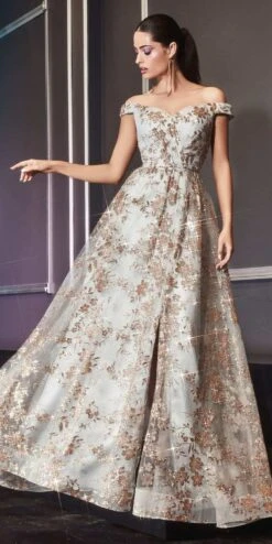 Cinderella Divine CB069 A-Line Glitter Print Dress Off The Shoulder(Floor Length A Line Glitter Print Formal Dress Gold Mocha Off The Shoulder)