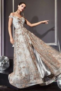 Cinderella Divine CB069 A-Line Glitter Print Dress Off The Shoulder(Floor Length A Line Glitter Print Formal Dress Gold Mocha Off The Shoulder) -Discount Dress Shops CB069 cinderella divine gold mist side