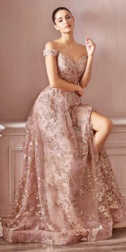 Cinderella Divine CB069 A-Line Glitter Print Dress Off The Shoulder(Floor Length A Line Glitter Print Formal Dress Gold Mocha Off The Shoulder) -Discount Dress Shops CB069 cinderella divine gold mocha