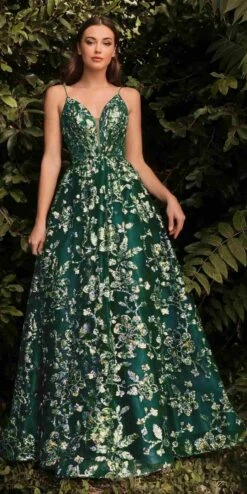 Cinderella Divine CB073 Floor Length Luminescent Floral Sequin Print Ball Gown(Floor Length Luminescent Floral Sequin Print Ball Gown By Cinderella Divine Cb073) -Discount Dress Shops CB073 emerald