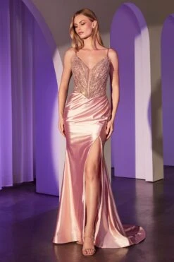 Ladivine CC0238 Dress Pearl Embellished Stretch Satin Glimmering Gown(Ladivine Cc0238 Dress Pearl Embellished Stretch Satin Glimmering Gown) -Discount Dress Shops CC0238 ROSE GOLD FRONT