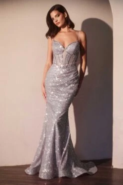 Ladivine CC0401 Dress Fit & Flare Sequin Corset Back Gown(Ladivine Cc0401 Dress Fit Flare Sequin Corset Back Gown) -Discount Dress Shops CC0401 SILVER FRONT