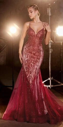 Ladivine CC2253 Long Glitter Latice Motif Tulle Fitted Mermaid Gown(Ladivine Cc2253 Long Glitter Latice Motif Tulle Fitted Mermaid Gown) -Discount Dress Shops CC2253 deepred