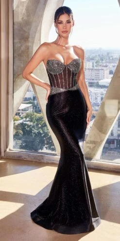 Ladivine CC4004 Long Strapless Rhinestone & Glitter Stretch Satin Gown(Ladivine Cc4004 Long Strapless Rhinestone Glitter Stretch Satin Gown)