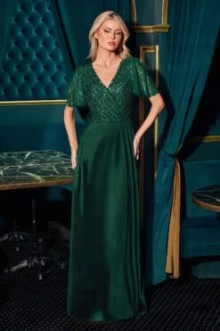 Ladivine CC447 Flutter Sleeves V-Neckline A-Line Satin Evening Gown(Ladivine Cc447 Flutter Sleeves V Neckline A Line Satin Evening Gown)