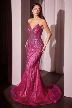 Ladivine CC6018 Long Strapless Rhinestone Embellished Mermaid Gown(Ladivine Cc6018 Long Strapless Rhinestone Embellished Mermaid Gown) -Discount Dress Shops CC6018 ladivine fuchsia