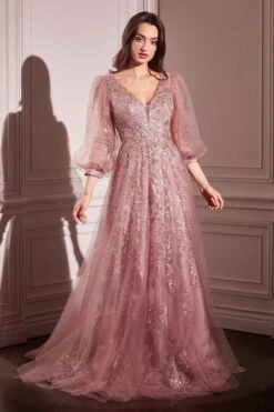 Ladivine CD0102 Dress Long Sleeve Layered Tulle A-Line Gown(Ladivine Cd0102 Dress Long Sleeve Layered Tulle A Line Gown) -Discount Dress Shops CD0102 LADIVINE ROSE GOLD