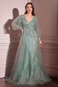 Ladivine CD0102 Dress Long Sleeve Layered Tulle A-Line Gown(Ladivine Cd0102 Dress Long Sleeve Layered Tulle A Line Gown) -Discount Dress Shops CD0102 LADIVINE SAGE