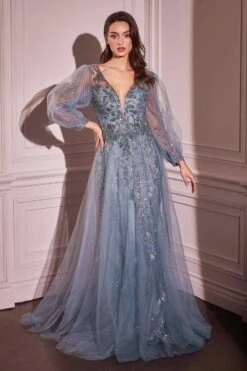 Ladivine CD0102 Dress Long Sleeve Layered Tulle A-Line Gown(Ladivine Cd0102 Dress Long Sleeve Layered Tulle A Line Gown) -Discount Dress Shops CD0102 LADIVINE SMOKY BLUE