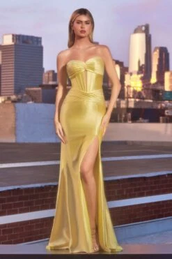 Ladivine CD0103 Dress Satin Strapless Fitted Gown(Ladivine Cd0103 Dress Satin Strapless Fitted Gown) -Discount Dress Shops CD0103 LT YELLOW FRONT