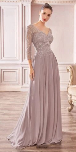 Cinderella Divine CD0171 Flowy Chiffon A-Line Gown 3/4 Length Sleeves(Cinderella Divine Cd0171 Flowy Chiffon A Line Mocha Gown 3 4 Length Sleeves)
