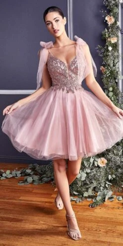 Cinderella Divine CD0174 Short A-Line Dress Lace Applique Tulle Ribbon(Short A Line Party Dress Smokey Blue Lace Applique Bodice Tulle Ribbon) -Discount Dress Shops CD0174 cinderella divine rose gold